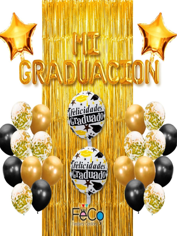 Set Cortina Metalica + Globos Mi Graduacion Dorado 1 Unidad