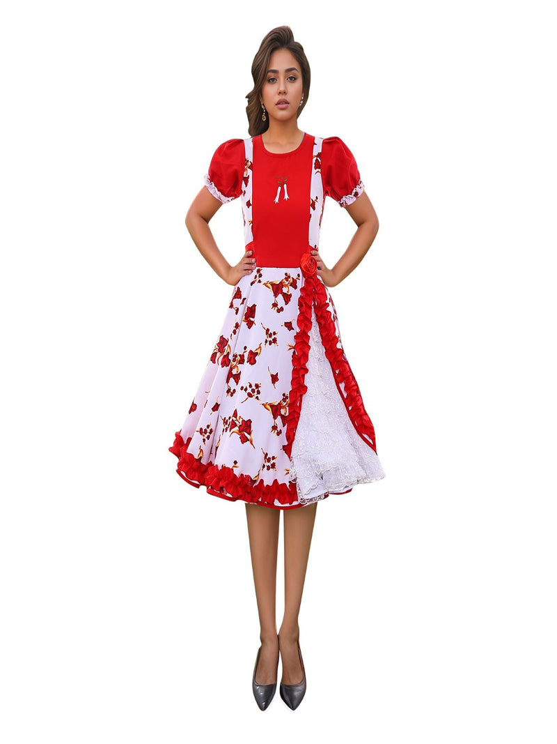 Vestido Huasa Chinita Floreado Rojo/Blanco 1 Unidad