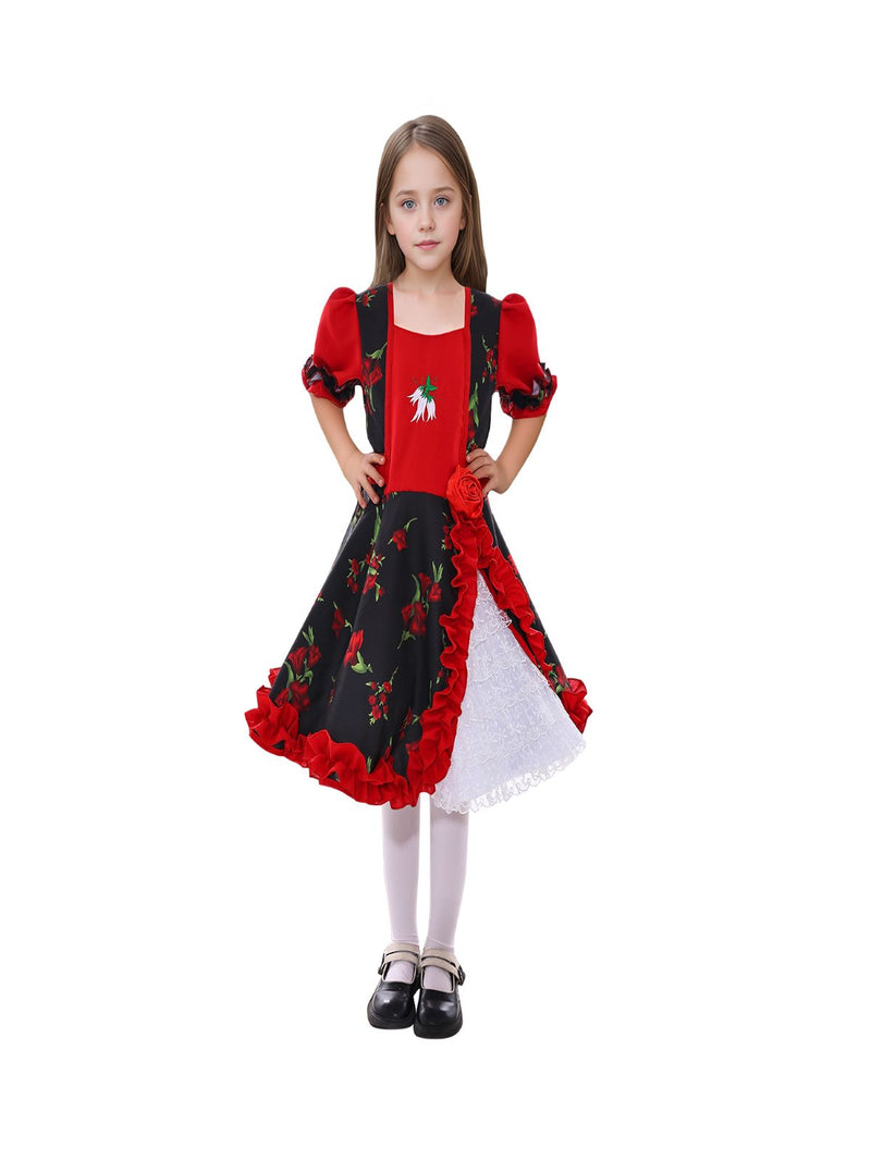 Vestido Huasa Chinita Floreado Rojo/Negro 1 Unidad
