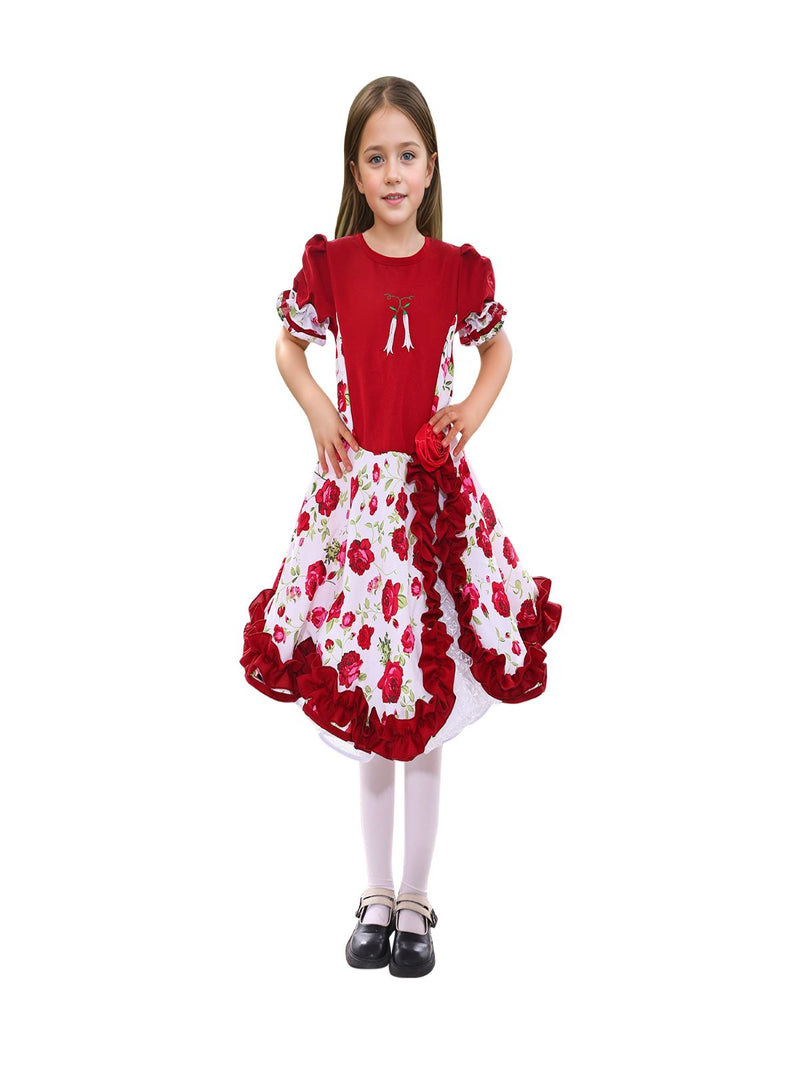 Vestido Huasa Chinita Floreado Burdeo/Blanco 1 Unidad