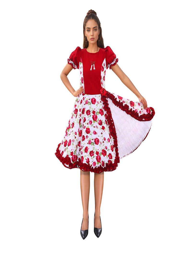 Vestido Huasa Chinita Floreado Burdeo/Blanco 1 Unidad