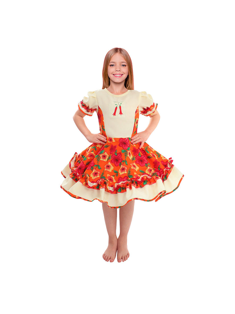 Vestido Huasa Chinita Floreado Naranjo/Blanco 1 Unidad