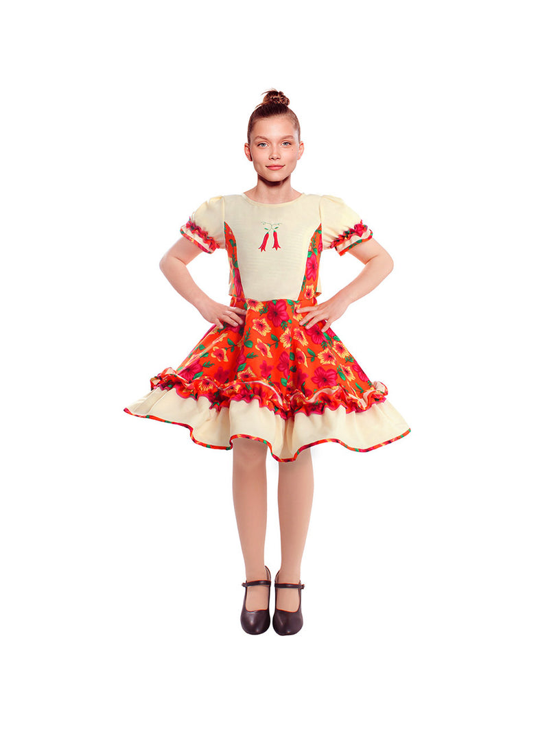 Vestido Huasa Chinita Floreado Naranjo/Blanco 1 Unidad