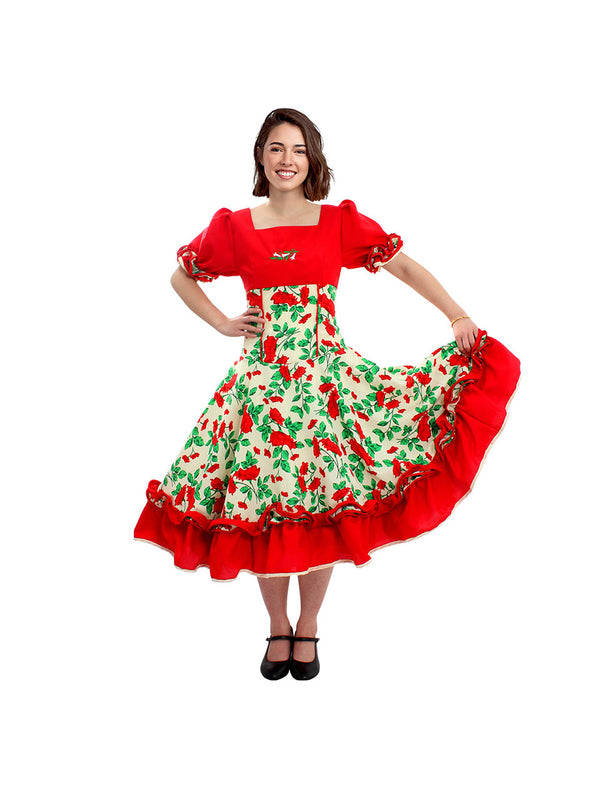 Vestido Competencia Huasa Chinita Floreado Rojo/Blanco 1pcs
