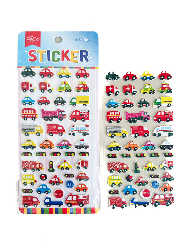 Sticker Glitter Infantil Autos 12pcs