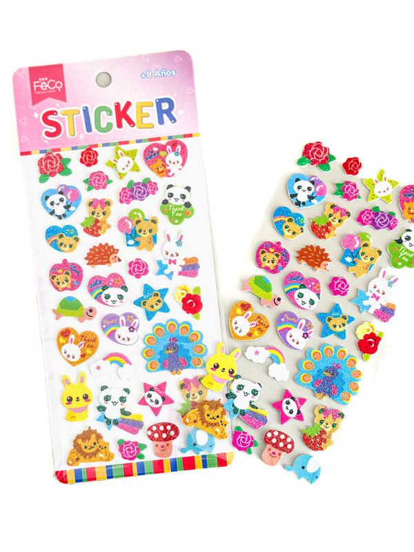Sticker Glitter Infantil Animales 12pcs
