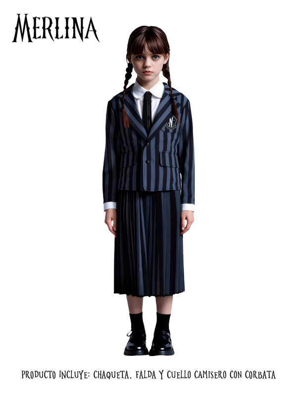 Traje Infantil Merlina Escolar Nevermore Negro