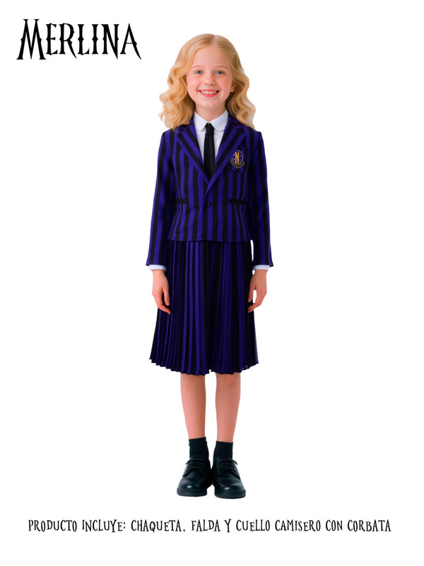 Traje Infantil Merlina Escolar Nevermore Morado