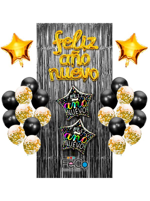 Set Cortina/Globo Feliz Año Nuevo Golden/Black 1pcs